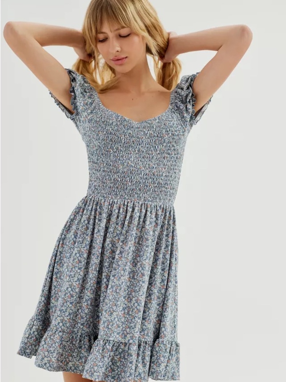 Urban Outfitters Blue Floral Smocked Ruffle Mini Dress